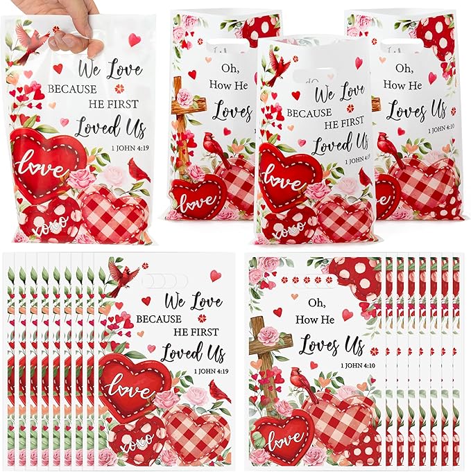 Religious Valentine’s Day Party Favor Bags - 50Pcs Valentines Religious Christian Cross John 4:19 Goody Candy Treat Bags, Bible Verse Themed Party Decorations for Church Sunday School
