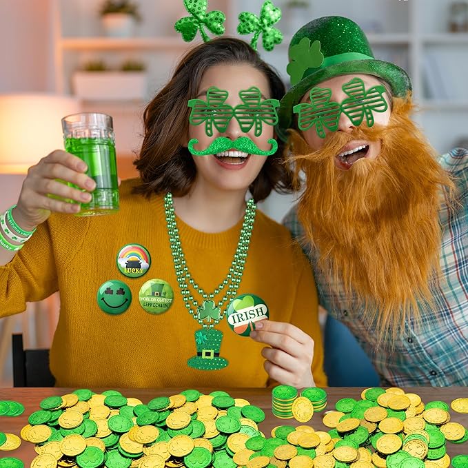 188Pcs St. Patrick's Day Accessories Party Favor Set, Necklaces, Shamrock Glasses, Mustaches, Bracelets, Badges, Tattoo Stickers, Coins for Irish Party Supplies