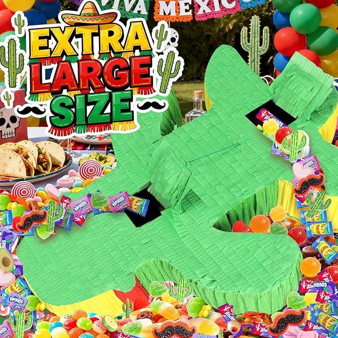 Cactus Pinata for Cinco De Mayo Fiesta Party Decorations, Large 21" Mexican Theme Paper Mache Pinata for Birthday, Taco Bout A Party, Luau Event, Carnival Game Centerpiece with Fillers Support