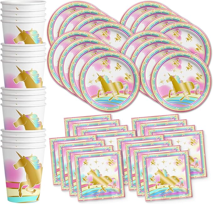 Gold Rainbow Unicorn Pegasus Birthday Party Supplies Set Plates Napkins Cups Tableware Kit for 16