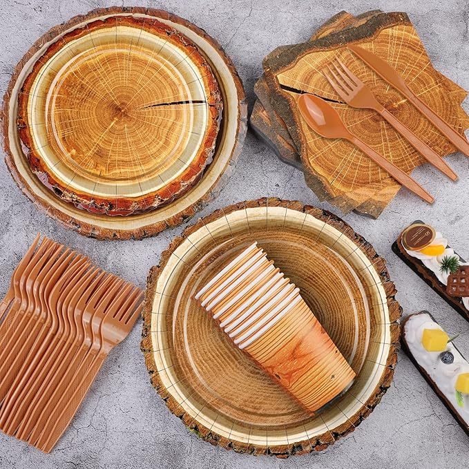 durony 129 Pieces Camping Birthday Party Supply Hunting Party Plate Tablecloth Cup Napkins Wood Slice Tableware Decorations for Kids Camo Hunter Themed Party