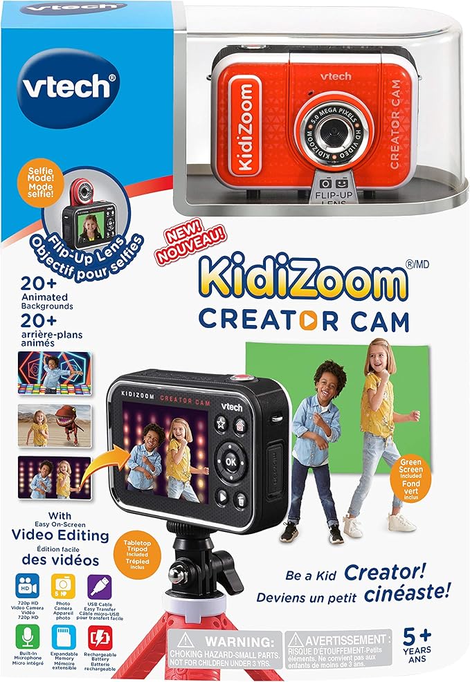 VTech KidiZoom Creator Cam, High-Definition Kids' Camera for Photos and Videos, Included Green Screen, Flip-Out Selfie Camera, Selfie Stick/Tripod, Auto Timer, Kids Ages 5 and up