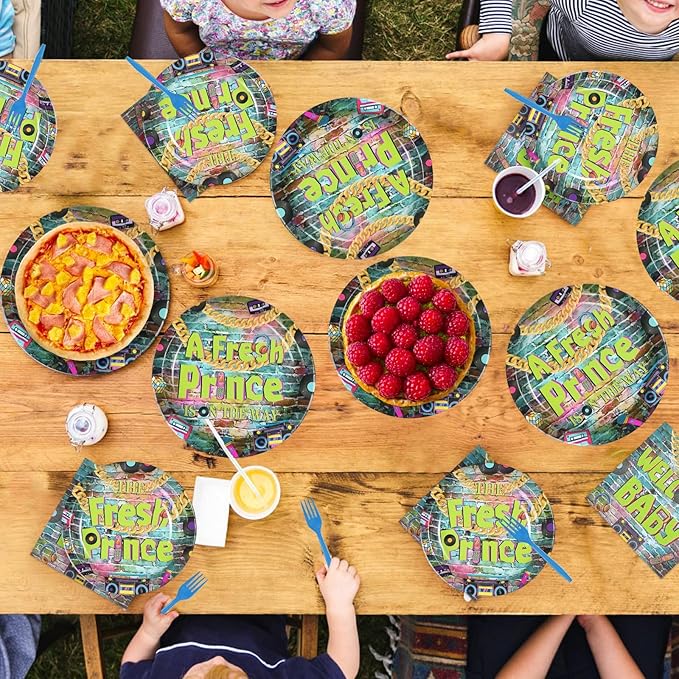 96Pcs Fresh Prince Baby Shower Party Decorations 90s Hip Hop Graffiti Plates and Napkins Disposable Vintage Themed Tableware Set for 90s Fresh Prince Boys Baby Shower Birthday Party Supplies Serves 24