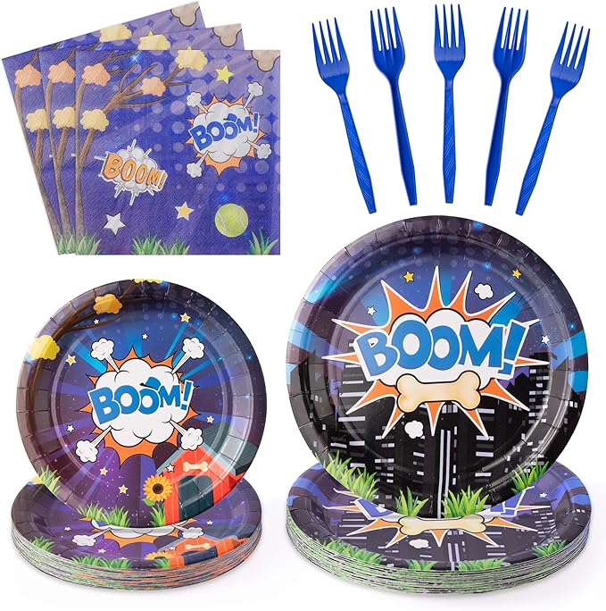 Cartoon Dog Birthday Party Supplies - 96PCS Cartoon Dog Birthday Party Plates and Napkins Forks Disposable Tableware Set Birthday Parties Table Dinnerware Baby Shower Plates Serve 24 Guests