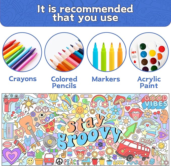 Dvbonike Jumbo Stay Groovy Coloring Poster Retro Hippie Boho Patterns DIY Drawing Color-in Paper Blank Doodle Art Banner 55.1 x 23.6 Inch Decor, School Group Activities for Kids Party Suppiles