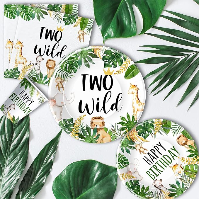 Jungle Animal Theme Two Wild Birthday Plates And Napkins Party Supplies - Safari Party Decorations For 2-Year-Old Birthday, Plate, Cup, Napkin | Serve 24