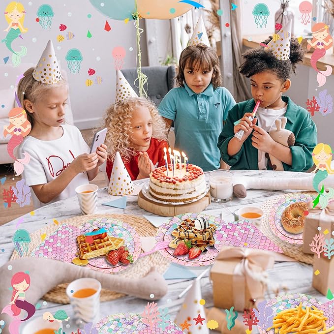 CANREVEL 96 PCS Mermaid Party Plates & Napkins Set, Serve 24, Disposable Tableware for Mermaid Party Supplies Decorations for Girl Kid Women Adult