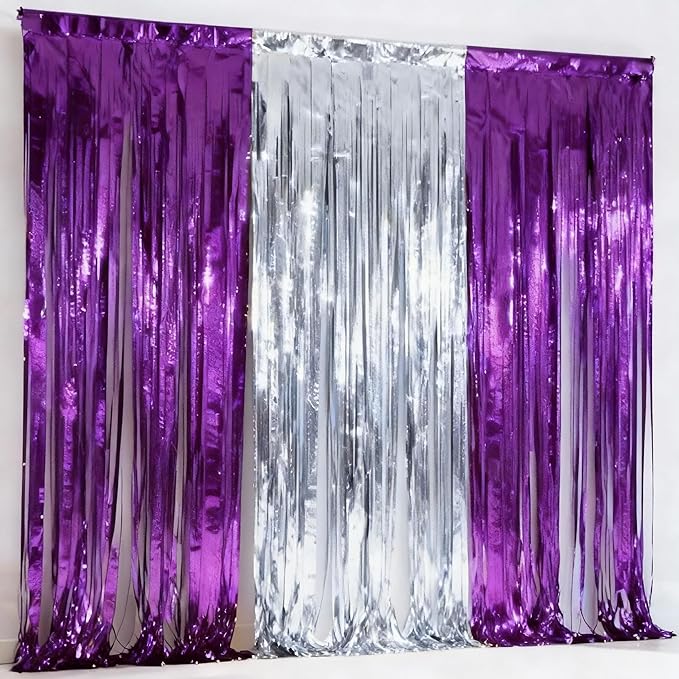 3 Packs Purple Silver Foil Fringe Curtains, Birthday Party Decorations Backdrop Tinsel Steamer, Wedding Engagement Bridal Shower Party Decorations Retirement Decor Graduation Party Backdrop