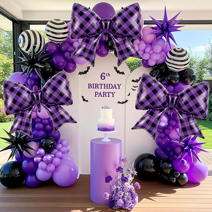 4Pcs Purple Black Gingham Bow Foil Balloons/Purple Plaid Checkered Bow Balloon for Korean Idol Demon Hunters Party, Bad Girl Showgirl Decor, Wednesday Ad*dam*s，Disco Cowgirl, Girls Night Out, Kurumi