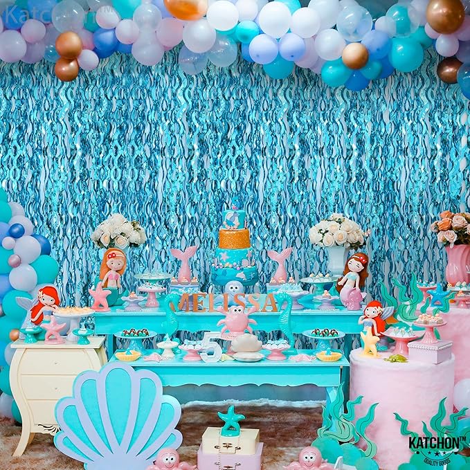 Katchon, Xtralarge Wavy Blue Foil Fringe Curtain - Pack of 2 | Blue Streamers for Under The Sea Party Decorations | Foil Fringe Backdrop for Birthday, Cruise Door Decorations, Pool Party Decorations