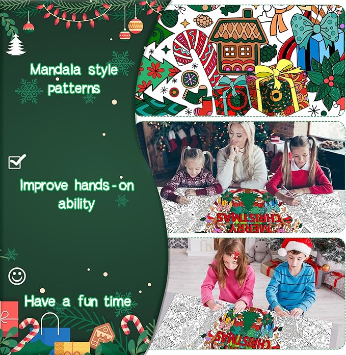 Dvbonike Jumbo Xmas Mandala Coloring Poster Giant Merry Christmas Color-in Paper Poster DIY Drawing Blank Doodle Art Banner 55.1 x 23.6 inch Decoration, Home School Activity Party Supplies for Kids