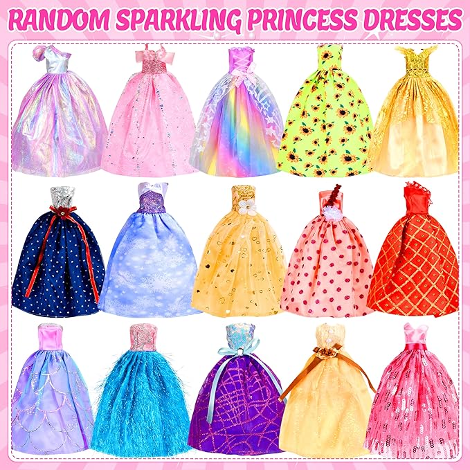 85 Pcs Doll Clothes and Accessories Kit, Include Princess Gowns, Fashion Skirts, Evening Dresseses, Tops, Pants, Bikini Swimsuits, Shoes, Crowns, Necklaces, Glasses in Gift Box for 11"-12" Dolls
