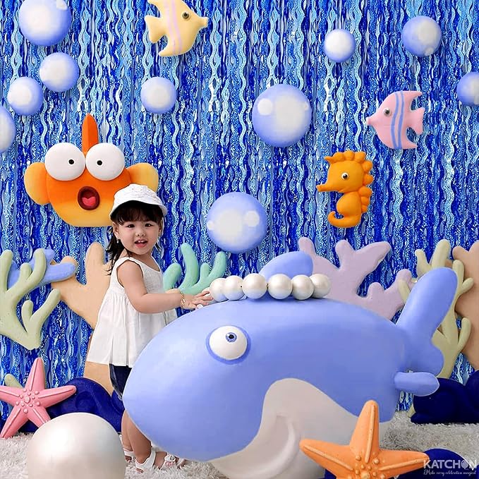 KatchOn, Metallic Wavy Blue Backdrop Curtain - Pack of 2 | Royal Blue Party Decorations | Blue Foil Fringe Streamers for Birthday Decoration | Under The Sea Party Decorations, Ocean Themed Décor