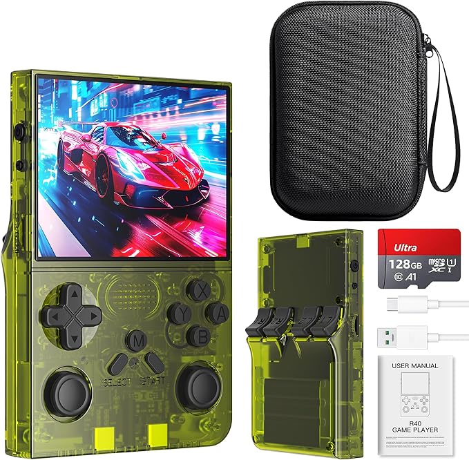 R40 Retro Handheld Game Console with Storage Case - Open Source System,3.5" IPS Screen, 18,000+ Classic Games, 128G TF Card, 3000mAh Battery, Portable Gaming Player for Travel, Yellow