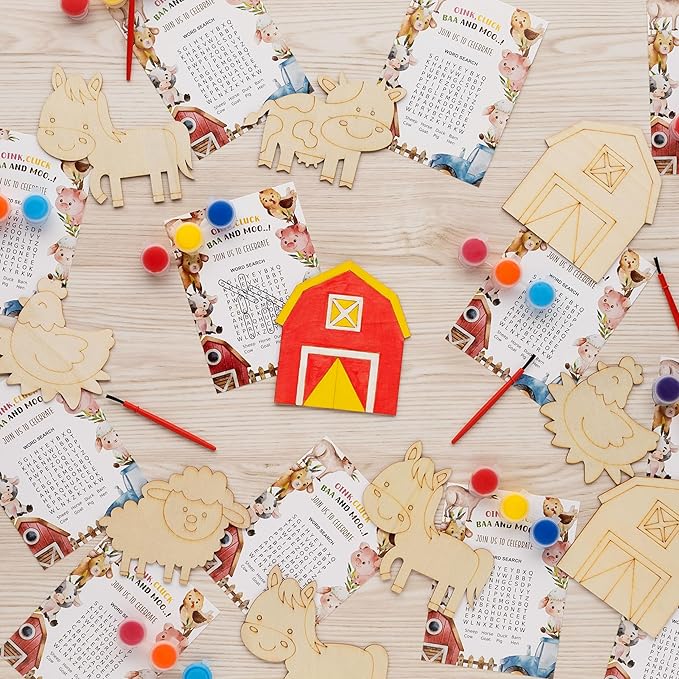 GEECOZYLIFE Farm Party Favors - 24 PCS Farm Animals with Art Supplies - Farm Barnyard Wooden Painting Kit - Thank You for Coming Gift - Kids Birthday Boys Girls Gifts Bulk