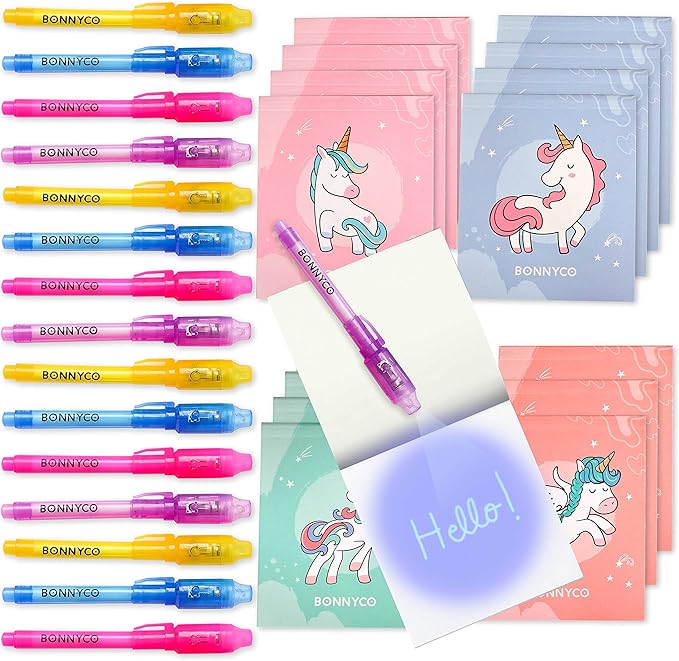 BONNYCO Invisible Ink Pen and Notebook Pack 16, Unicorn Party Favors for Kids. Magic Spy Pen Goodie Bags Stuffers for Kids, Unicorn Birthday Party Supplies. Goody Bag Stuffers, Return Gifts Prizes