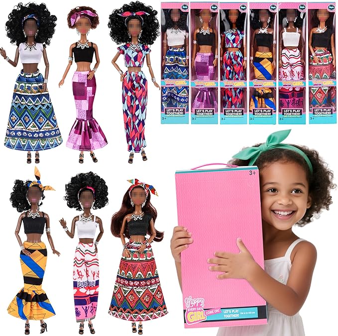 6 Pack African American Fashion Dolls Set with Mix & Match Outfits – 11.5" Posable Black Dolls & 5 Accessories Each (Crown, Necklace, Headscarf & More) + Pink Gift Case