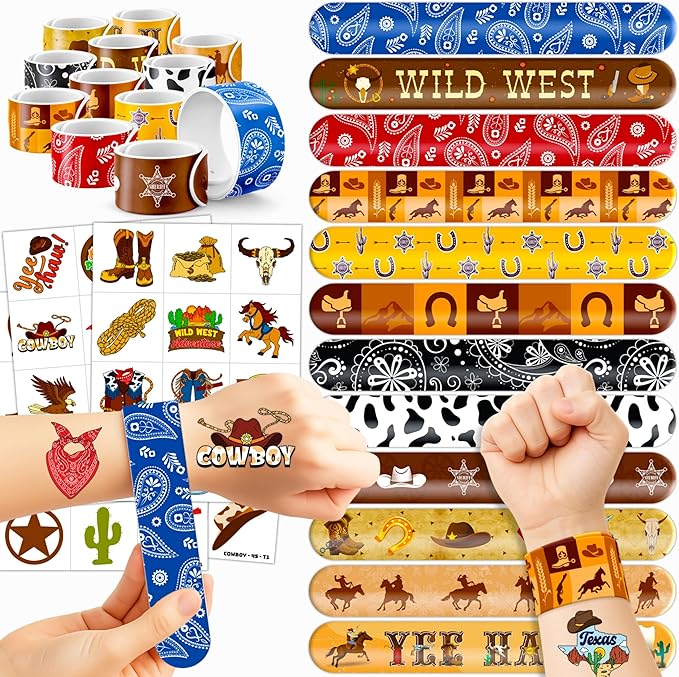 72PCS Cowboy Party Favors for Kids - 24 Slap Bracelets & 48 Pre-Cut Temporary Tattoos, Western Rodeo Birthday Party Supplies, Goodie Bag Fillers, Decorations for Boys & Girls