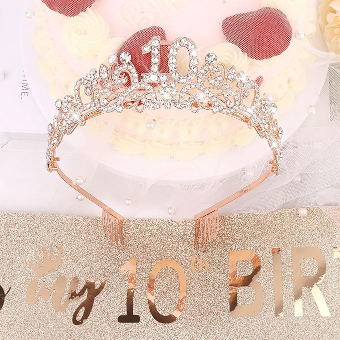 Semato 10th Birthday Decorations for Girl Sash and Crown Kit Rose Gold 10th Birthday Gifts for Girls Party Supplies