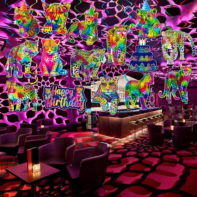 Neon Leopard Hanging Swirls Rainbow Cheetah Birthday Party Decorations 20PCS Neon Cheetah Print Ceiling Swirls Leopard Hanging Streamers for Wild Animals Party Supplies