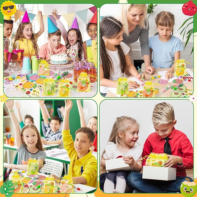 CY2SIDE Fruit Stationery Party Gift - 12 Pack Fruit Stationery Gifts Set Include 4-in-1 Ballpoint Pens Sticky Notes Stickers and Organza Tutti Party Favors Goodie Bag Fillers for School Rewards