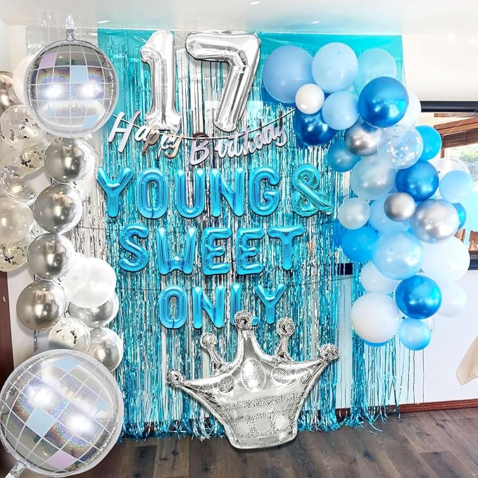 Silver Blue Young and Sweet Only 17 Birthday Decoration Young and Sweet Only 17 Banner Dancing Queen 17 Decoration Disco Balloons Rose Gold Birthday Banner Crown Queen Balloons