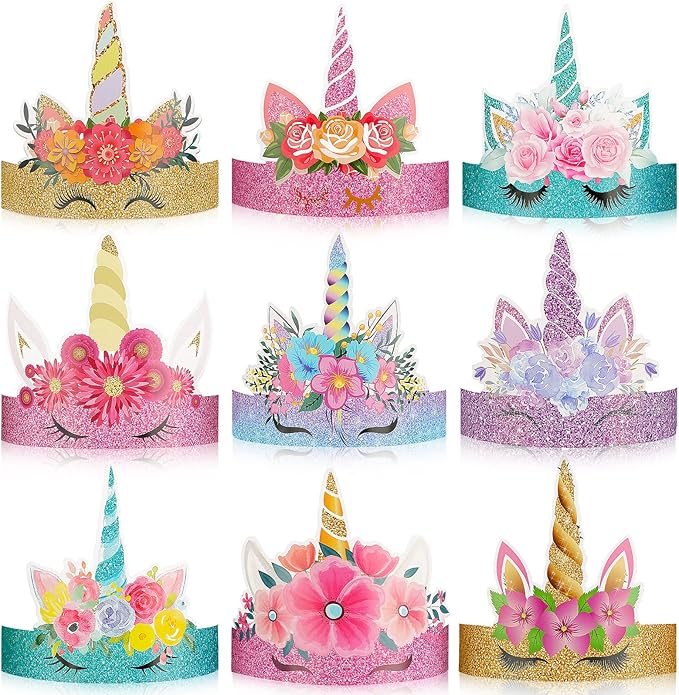 24 Pcs Unicorn Birthday Party Hats Paper Party Crown Unicorn Headbands for Boys Girls, Princess Dress up Theme Decorations Birthday Favors Supplies Headbands