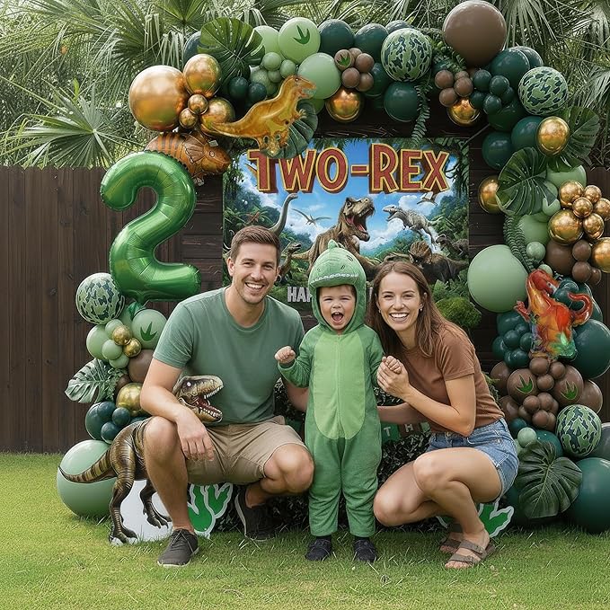 Dinosaur Two-Rex Birthday Decorations include Hunter Green Brown Gold balloon arch & small Dino Foil balloons & backdrop & footprint stickers for Kids Boys Jungle Safari Dino 2rd Party Supplies