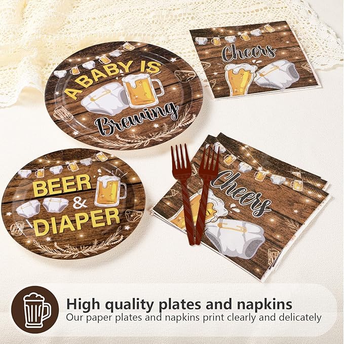 96Pcs Beer and Diaper Party Decorations A Baby is Brewing Baby Shower Plates and Napkins Tableware Set Beer And Bottle Diaper Decorations for Cheers Beers Brew Birthday Party Supplies Serves 24