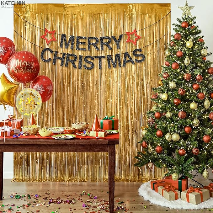 Katchon, Champagne Gold Backdrop Curtain - Pack of 2 | Gold Streamers for Ramadan Decorations for Home, Bridal Shower, Bachelorette Party Decor | Shimmer Curtains for Eid Mubarak Decorations
