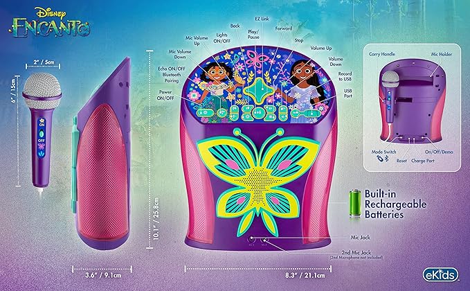 eKids Disney Encanto Karaoke Machine, Bluetooth Speaker with Microphone for Kids, with USB Port to Play Music, Easily Access Playlists with New EZ Link Feature