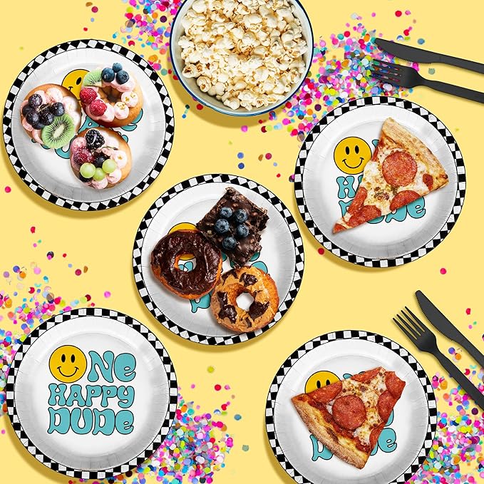One Happy Dude Smiley Face First Birthday - 32 Piece Disposable Party Supplies - Decorations for Boy's 1st Birthday Round Party Plates - Large 9" Paper Plates In Bulk