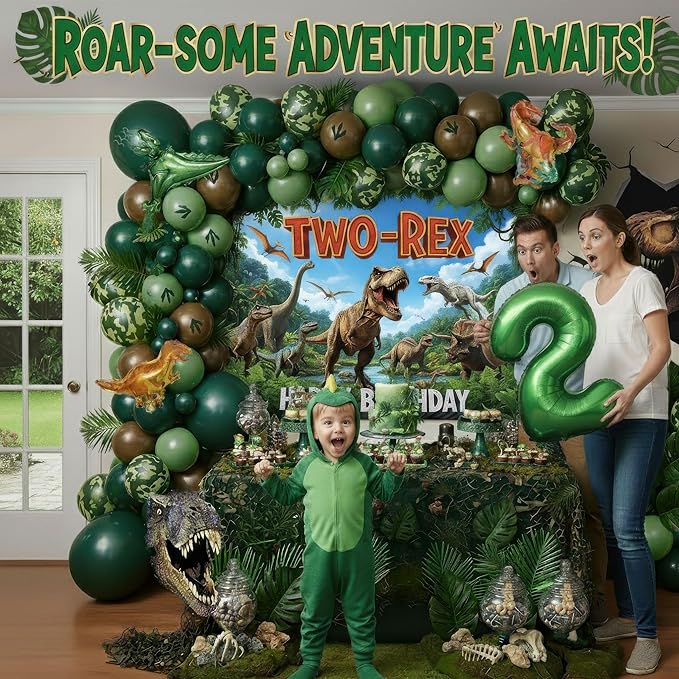 TWO-Rex Dinosaur Birthday Decorations include Hunter Green Brown Gold balloon arch & small Dino Foil balloons & backdrop & footprint stickers for Kids Boys Jungle Safari Dino 2rd Party Supplies