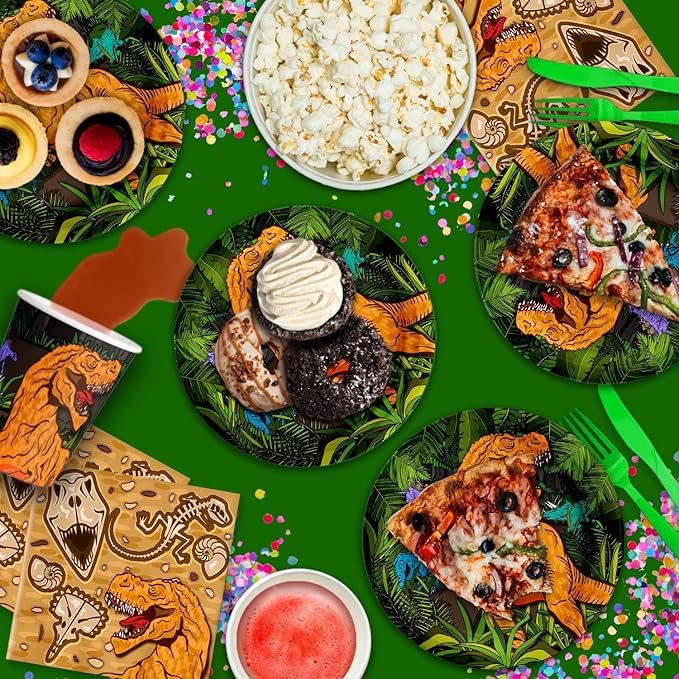 Roaring Dino Jurassic T-Rex Dinosaur Birthday Party Supplies - Dinosaur Decorations for Birthday Party - Dinosaur Birthday Set Plates, Napkins, and Cups | Tableware Kit for 16