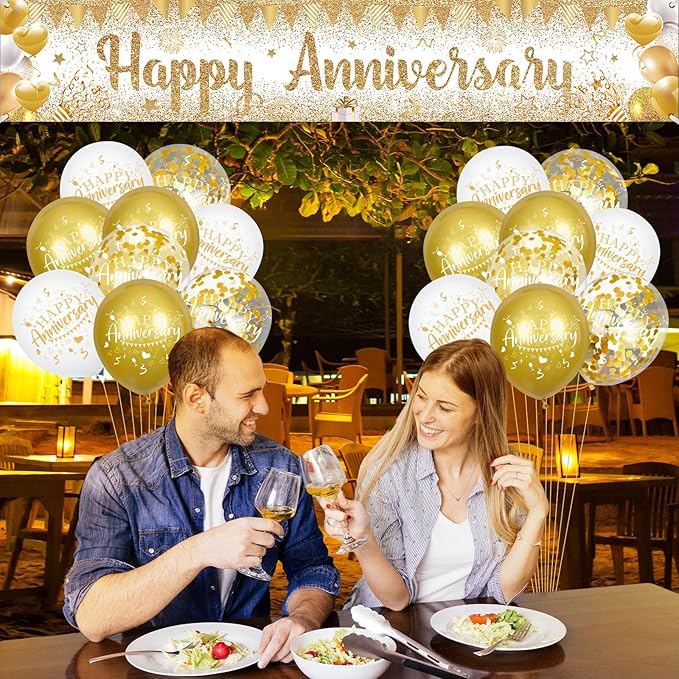 Happy Anniversary Decorations Banner with Balloons Set - Large Gold and White Backdrop Background Sign and Confetti Latex Balloons Kit for Wedding Anniversary Party Supplies, Indoor Outdoor Yard Decor