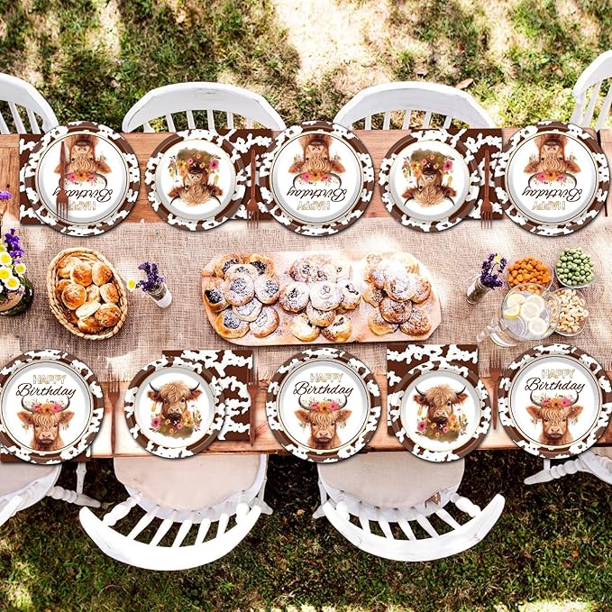 96 Pcs Highland Cow Birthday Party Decoration for 24 Guests Brown Cow Paper Plates Napkins Highland Cattle Dessert Cake Dinnerware Table Supplies for Western Farm Animals Kids Baby Shower Party Favors