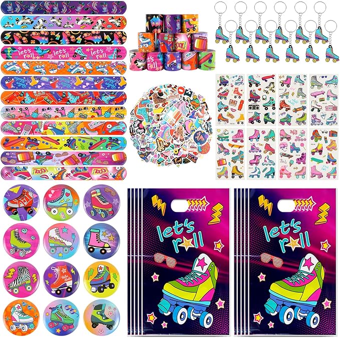 Kolewo4ever 220 Pieces Roller Skate Party Supplies Set Bulk Slap Bracelets, Stickers, Key Chains, Pin Badges,Temporary Tattoos and Goodie Bag Fillers for Retro 1980s Hip Hop Party (Roller Skate)