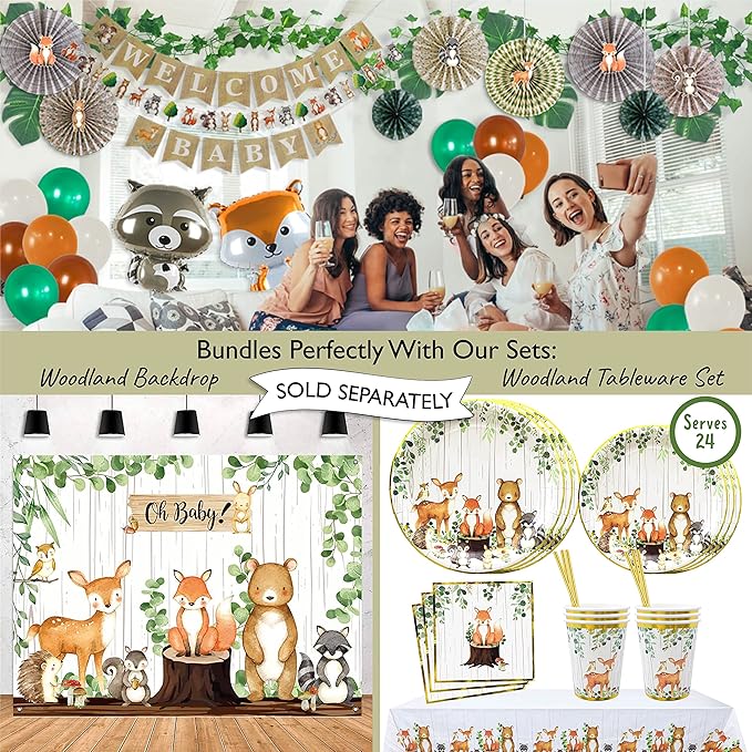 121Pc Woodland Baby Shower Decorations For Boy Or Girl, Birthday Party Supplies, Heavy Duty Sage Green Tablecloth, Paper Plates, Napkins, Straws And Cups, Forest Animal Friends Tableware Set Serves 24