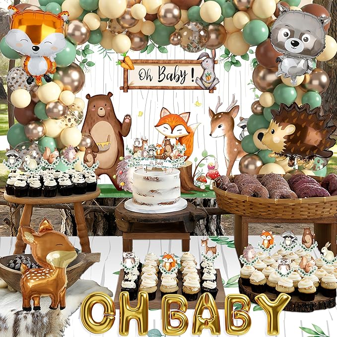 BORAMDO Woodland Animals Baby Shower Decoration Pack Forest Animal Neutral Gender Reveal Party Supplies Woodland Themed Birthday Party Ideas Set 106 Pcs Backdrop, Tablecloth, Cake Toppers, Balloons