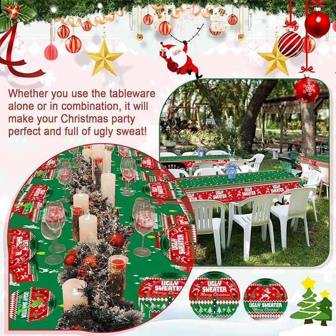 98 Pcs Christmas Ugly Sweater Party Supplies Tacky Sweater Party Plates Tablecloth Xmas Party Decorations for Christmas Holiday Tableware Set Paper Plates Napkins Forks for 24 Guests