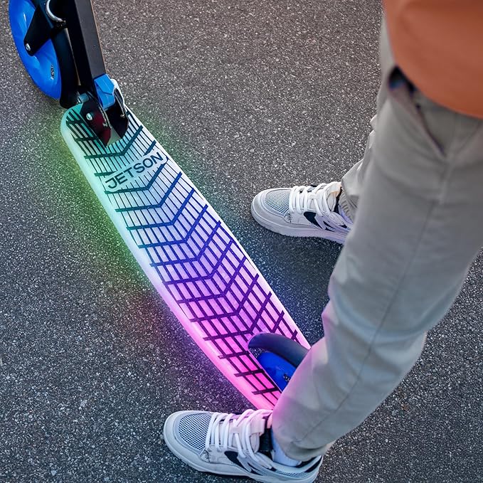 Jetson Jupiter Kids 2-Wheel Light-Up Kick Scooter, LED Lights on Handlebar, Stem, Wheels & Deck, Adjustable Handlebar, Rear Brake, Easy-Folding Mechanism, Ages 5+