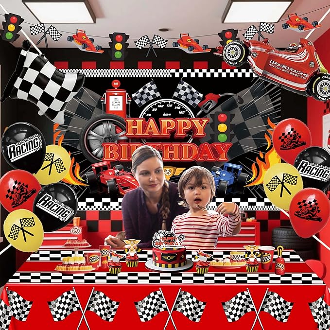 Happy Birthday Decorations For Women Men,Birthday Backdrop,Banner Balloons,Table Cloth,Paper pom poms Party Supplies for Girls Boys (Race car)