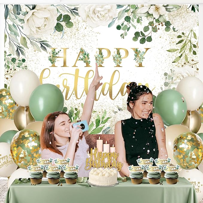 Happy Birthday Decorations For Women Men,Birthday Backdrop,Banner Balloons,Table Cloth,Paper pom poms Party Supplies for Girls Boys (Sage Green)
