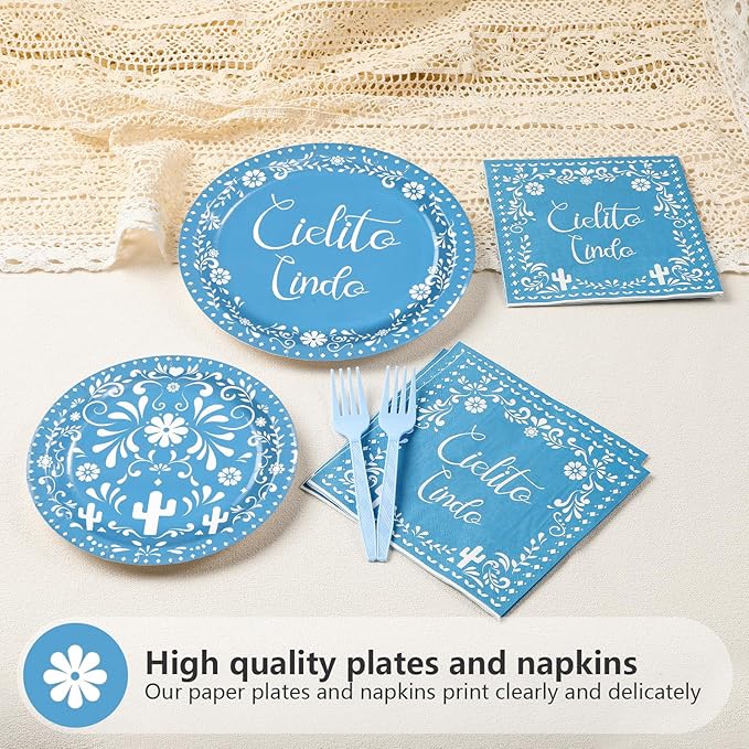96Pcs Blue Cielito Lindo Party Decorations Mexican Fiesta Baby Shower Plates and Napkins Set Mexico Talavera Decorations for Boys Cinco De Mayo Mexican Gender Reveal Birthday Party Supplies Serves 24