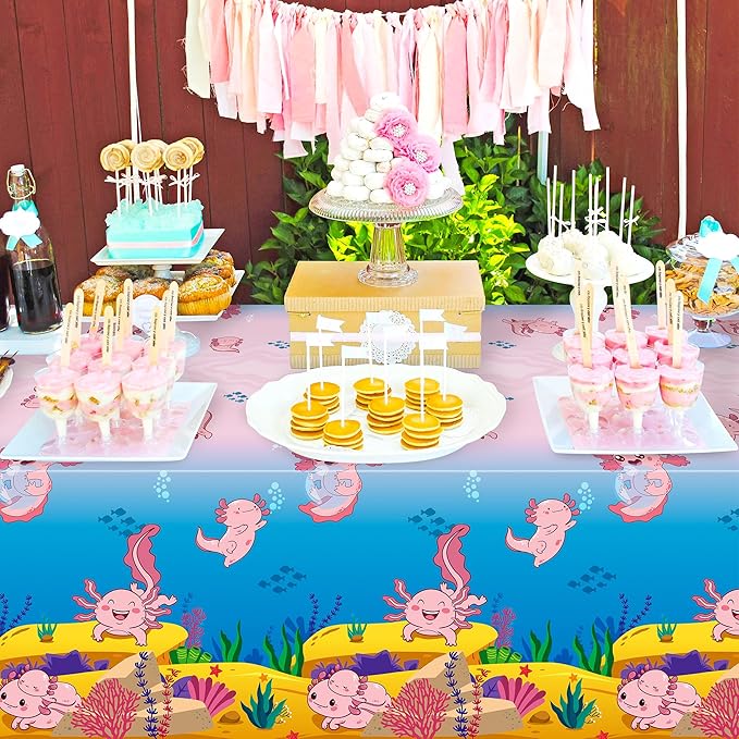 Axolotl Plastic Table Cover - 3Packs(54x108 Inch) Pink Axolotl Disposable Rectangle Plastic Tablecloth Birthday Theme Party Decoration Decor Supplies Table Cloth Giant Coloring Baby Shower