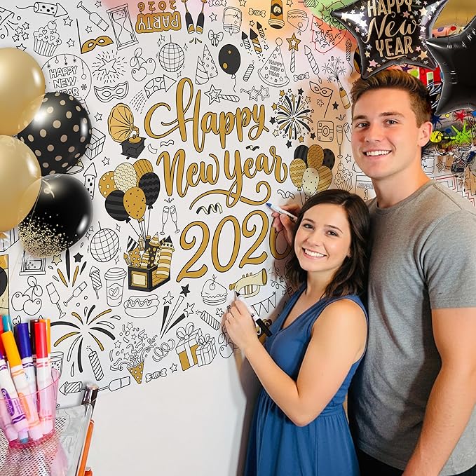 Happy New Year 2026 Coloring Tablecloth, Giant 30x72 Inches Activity Tablecloth with Fireworks and Countdown Designs, Perfect for New Year Party Activities, Party Decoration