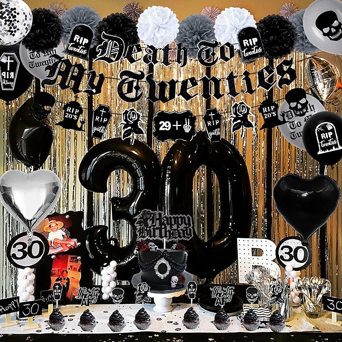 30th Birthday Decorations Pack, Death to My 20s Party Supplies Including Birthday Banner Rip to My 20s Sash Number 30 Balloon Cake Cupcake Toppers Funeral for My Youth Funny Thirtieth Birthday Party