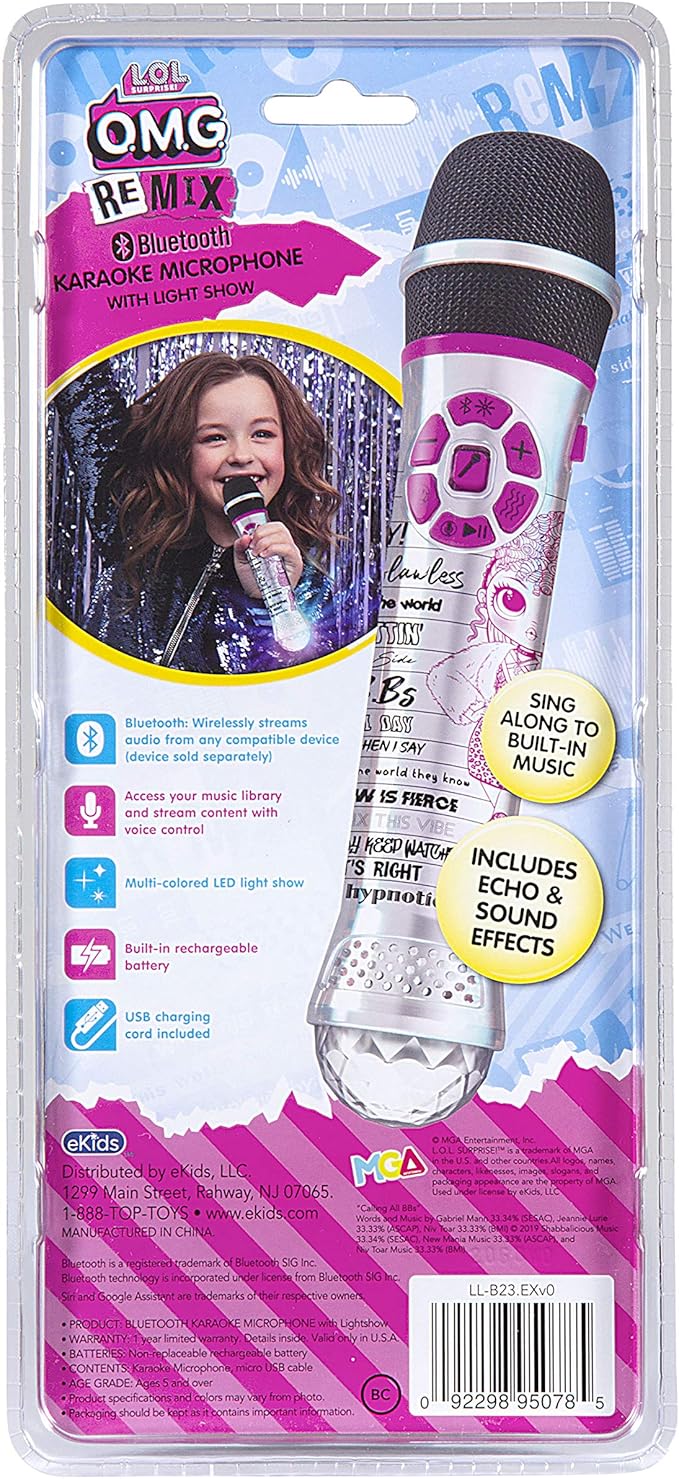 LOL Surprise Remix OMG Bluetooth Karaoke Microphone with LED Disco Party Lights, Portable Bluetooth Speaker Compatible with Apple Samsung Siri and Google Assistant, Karaoke Machine for Kids