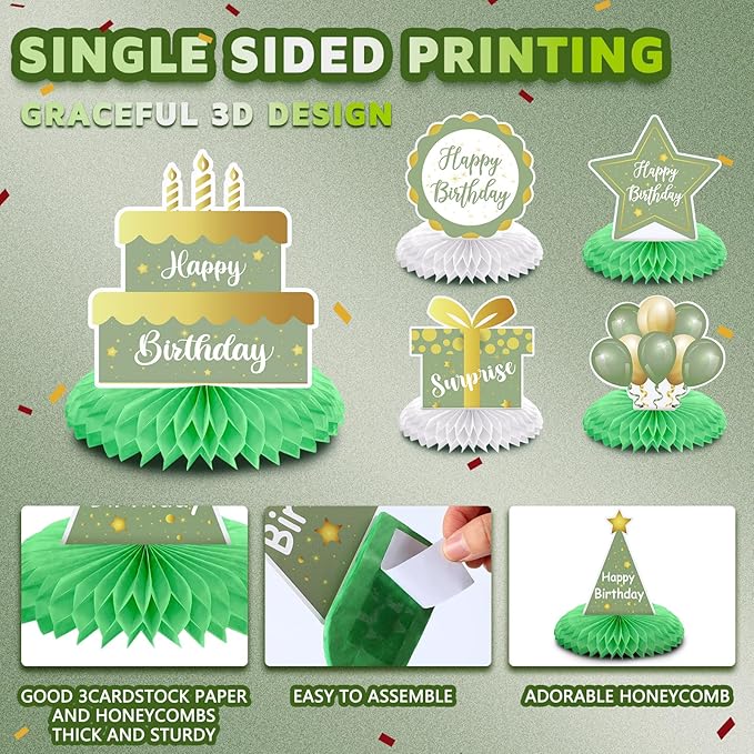 Yexiya 8 Pcs Sage Green Birthday Centerpiece Table Decoration, Happy Birthday Honeycomb Centerpieces Honeycomb Table Toppers for Men Women Party Supplies