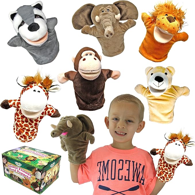 JOYIN 6Pcs Kids Hand Puppet Set with Working Mouth, Toddler Plush Toy Includes Elephant, Giraffe, Lion, Bear, Raccoon and Monkey for Show Theater, Easter Birthday Gifts for Kid